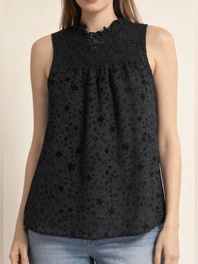 LOFT Velvet Star Print Smocked Sheer Blouse Celestial whimsical Fairy Boho XS